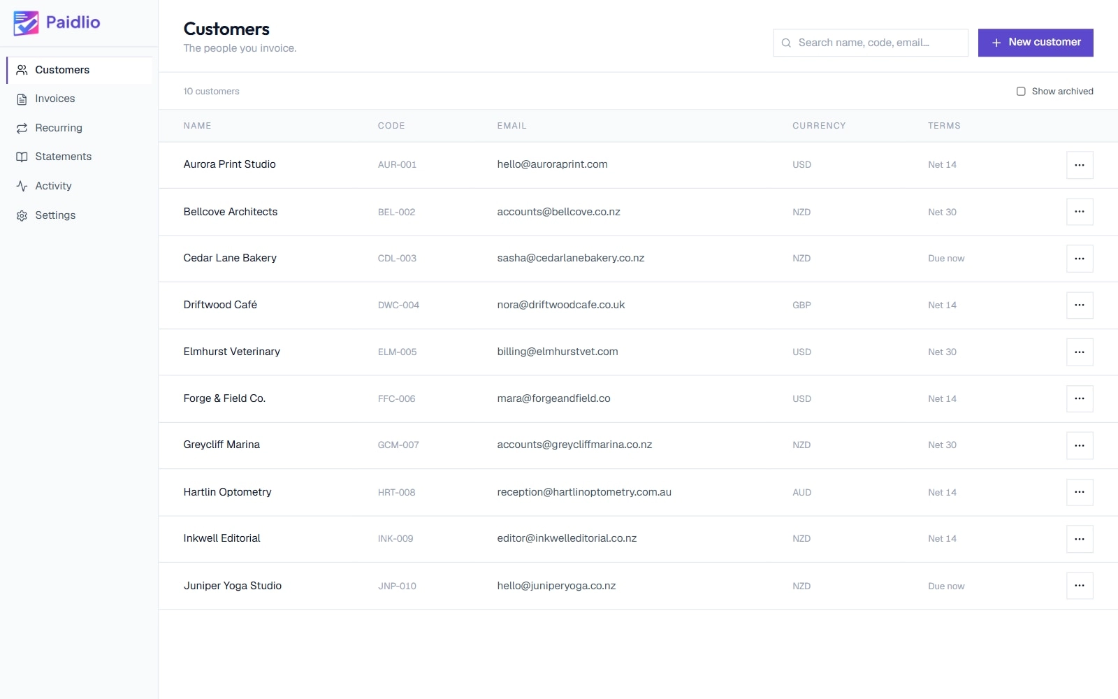 Paidlio's Customers screen: a table of ten customers with their code, email, billing currency and payment terms, with a search box and a New customer button above it.