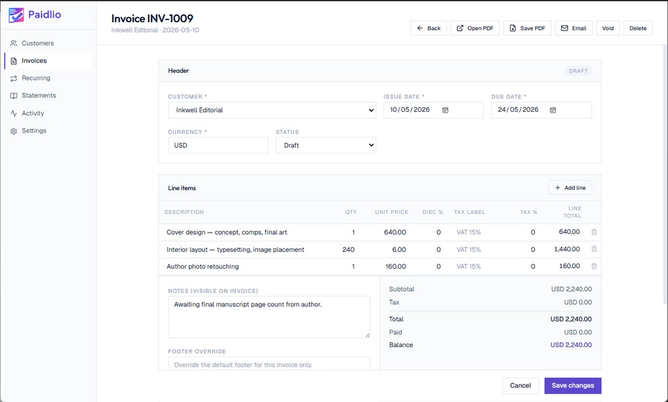 Paidlio Invoice editor screen