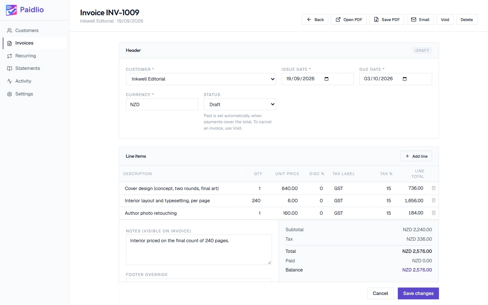 Paidlio's invoice editor: a draft invoice in New Zealand dollars with three line items charged at 15% GST, and a running subtotal, tax, total and balance.