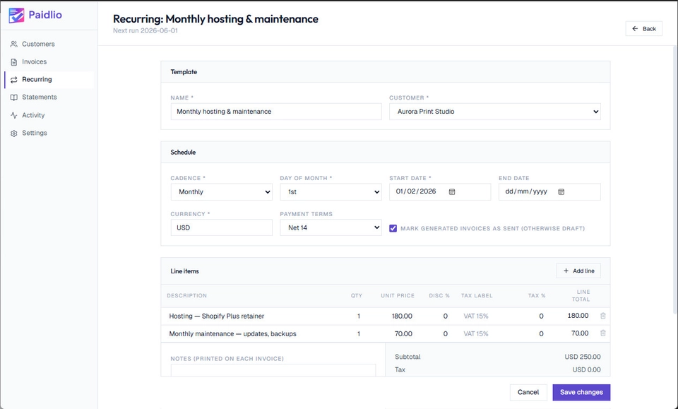 Paidlio Recurring templates screen