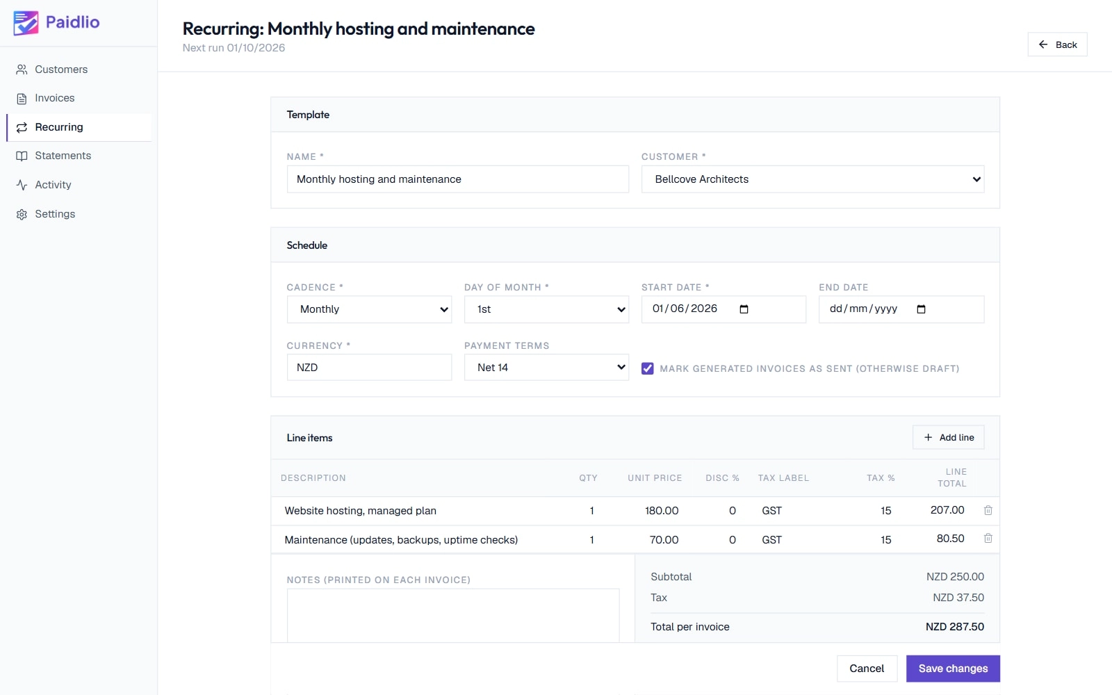 Paidlio's recurring template editor: a monthly hosting and maintenance template with its schedule and payment terms, and the line items and total added to each invoice it generates.